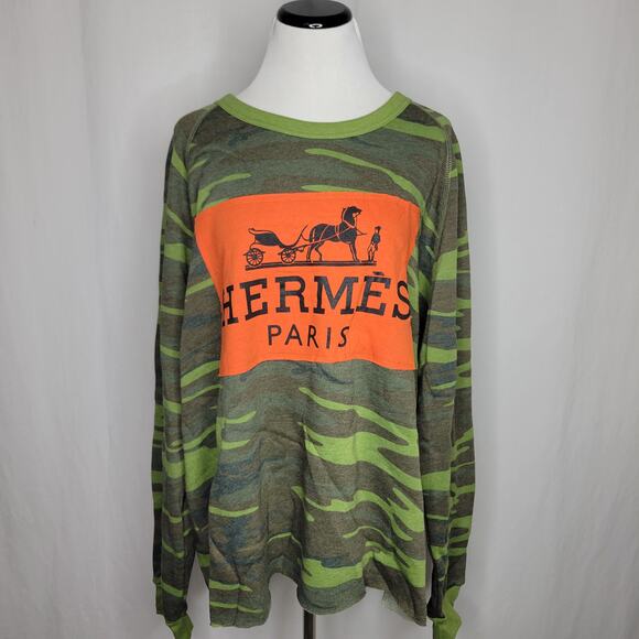 Designer-Ish Camo Green Orange Patch Upcycled Sweatshirt NEW XXXL - Picture 1 of 7